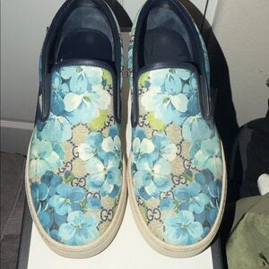Gucci Blue Floral Canvas Slip-Ons